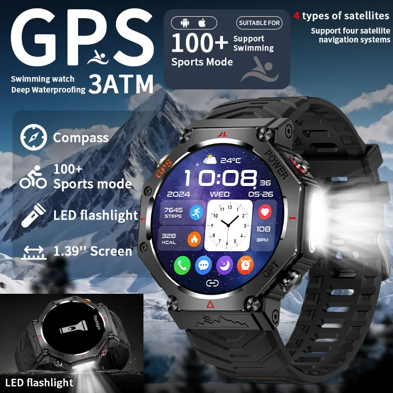 

LIGE 2026 Новые GPS Смарт-часы для мужчин 3ATM Водонепроницаемые встроенные двухдиапазонные сильные фонарики Военные 100 + спортивный режим Смарт-часы