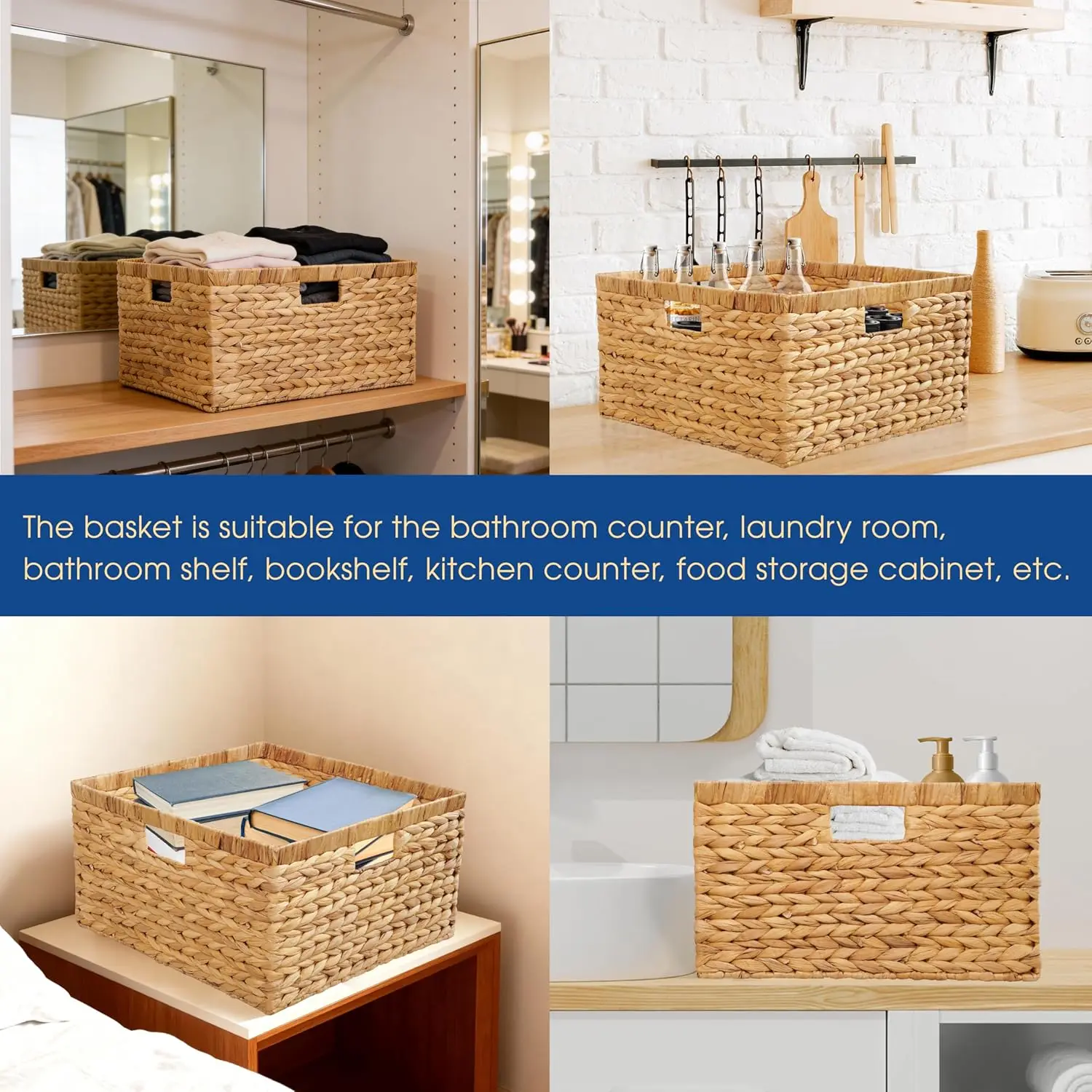 Natural Woven Storage Baskets Set of 3, Large Rectangular with Handles for Home Organization