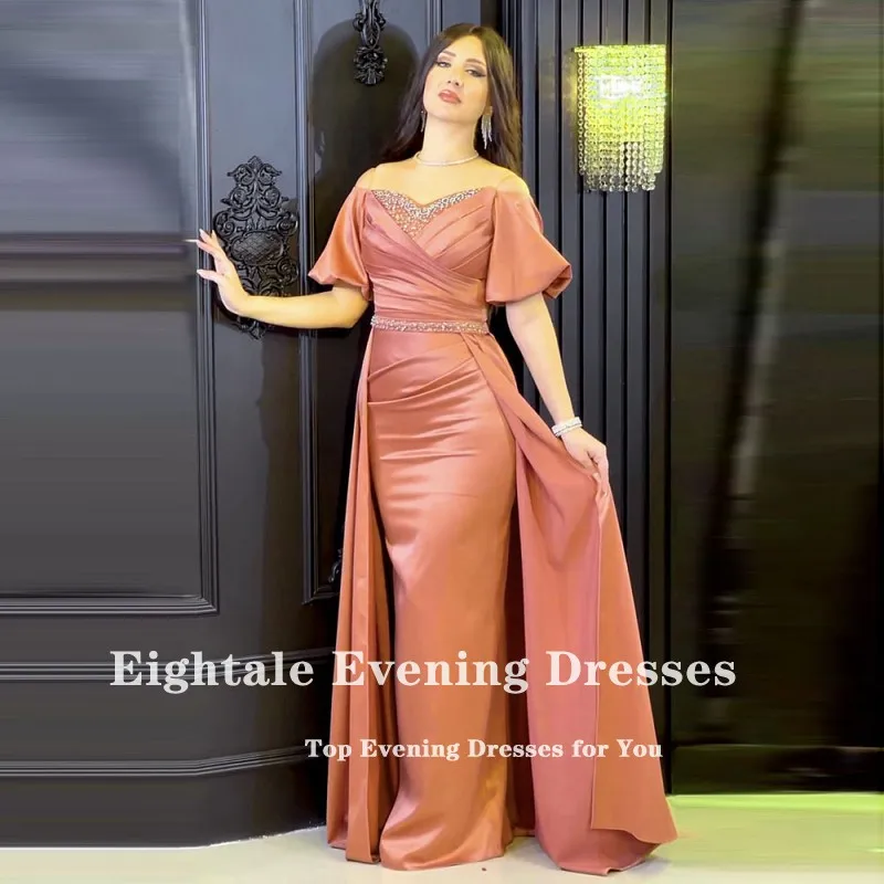 Eightale Arabic Evening Dresses Beaded with Pearls Short Sleeves Mermaid Prom Party Gown Luxury Wedding Robes De Soirée