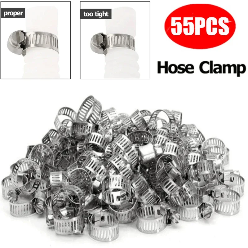 55pcs Hose Clamp Adjustable 10-16mm Stainless Steel Worm Gear Hose Clip Hose Lock for Water Pipe Plumbing