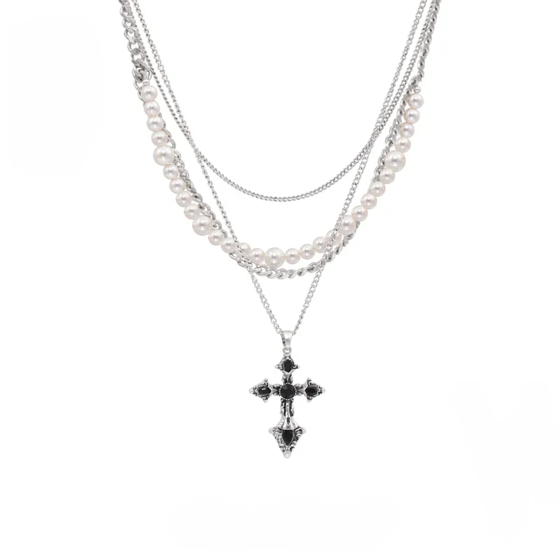 

American Baroque Cross Pearl Necklace Vintage Silver Premium Niche Sweater Chain