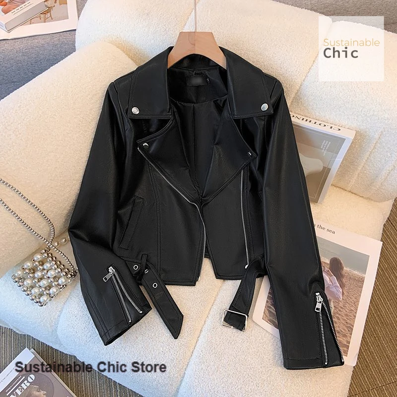 

American style black short leather jacket women's spring and autumn new fashion design temperament retro pu leather jacket
