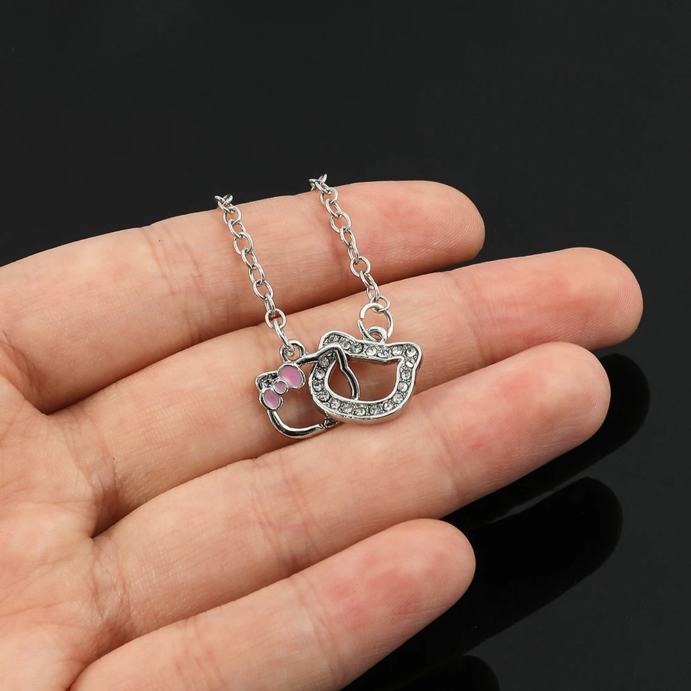 Anime Hello kitty Chain Necklace Pendant Cute Cartoon Jewelry Hollowed Crystal Fashion for Women Girls Birthday Lovely Gift