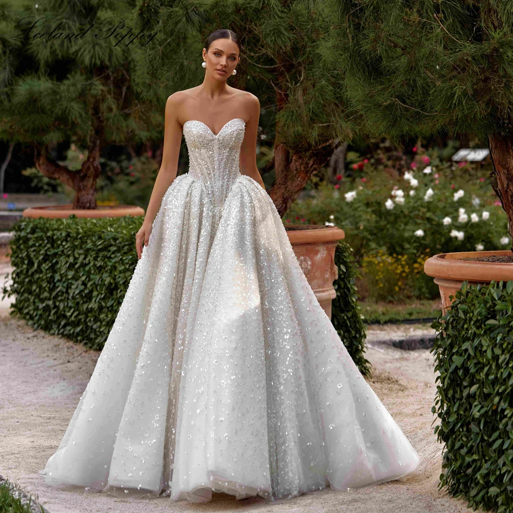

Lceland Poppy Customized A Line Strapless Lace Wedding Dresses Sleeveless Sequines Bridal Gowns with Court Train