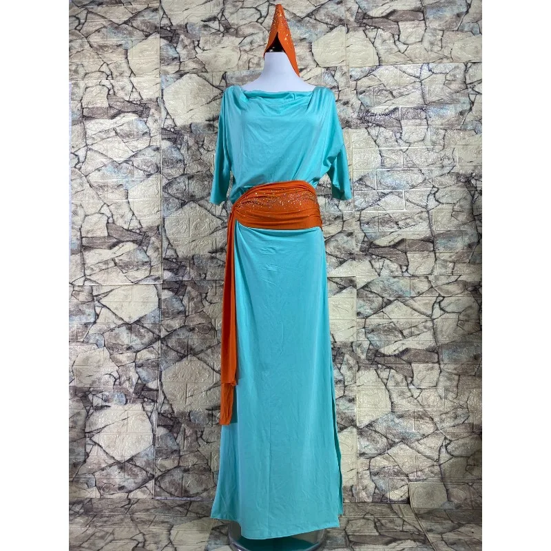 Costumi di danza del ventre personalizzati Colletto in pile blu puro Abito ampio Foulard Cintura Danza orientale Baladi Shabbi Folk Robe Abbigliamento
