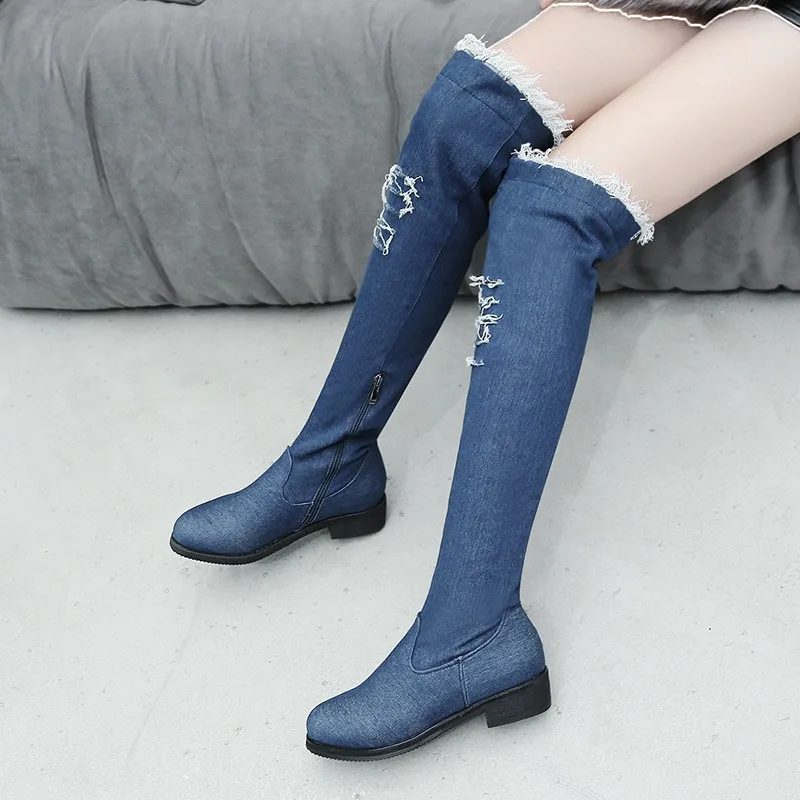 Autumn Winter Women Boots Denim Round Toe Low Heels Middle Heels 3.5CM Zipper Fashion Hollow Design Women's Over The Knee Boots