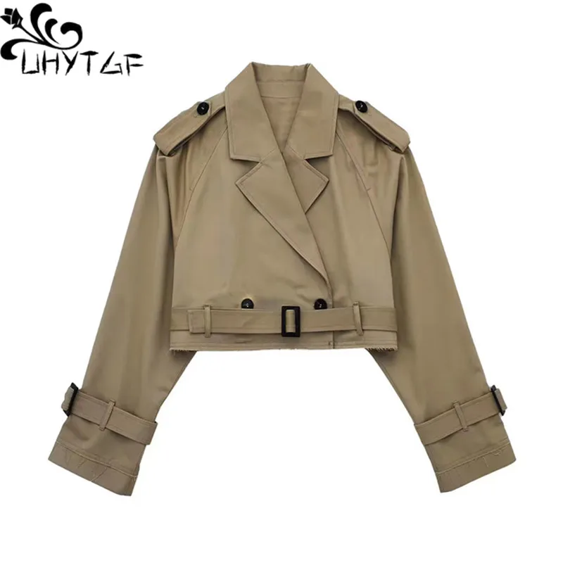 

UHYTGF Spring Autumn Trench Coat Women 2023 Double Breasted With Belt Casual Short Top Outerwear Female Short Design Jacket 2301