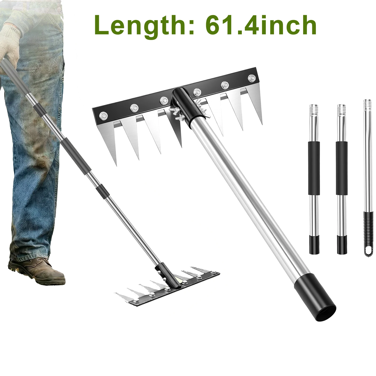 Detachable Multi-Tooth Garden Rake Hardened Manganese Steel Head 3-Length Adjustable Handle 8-Prong Design for Efficient Weeding