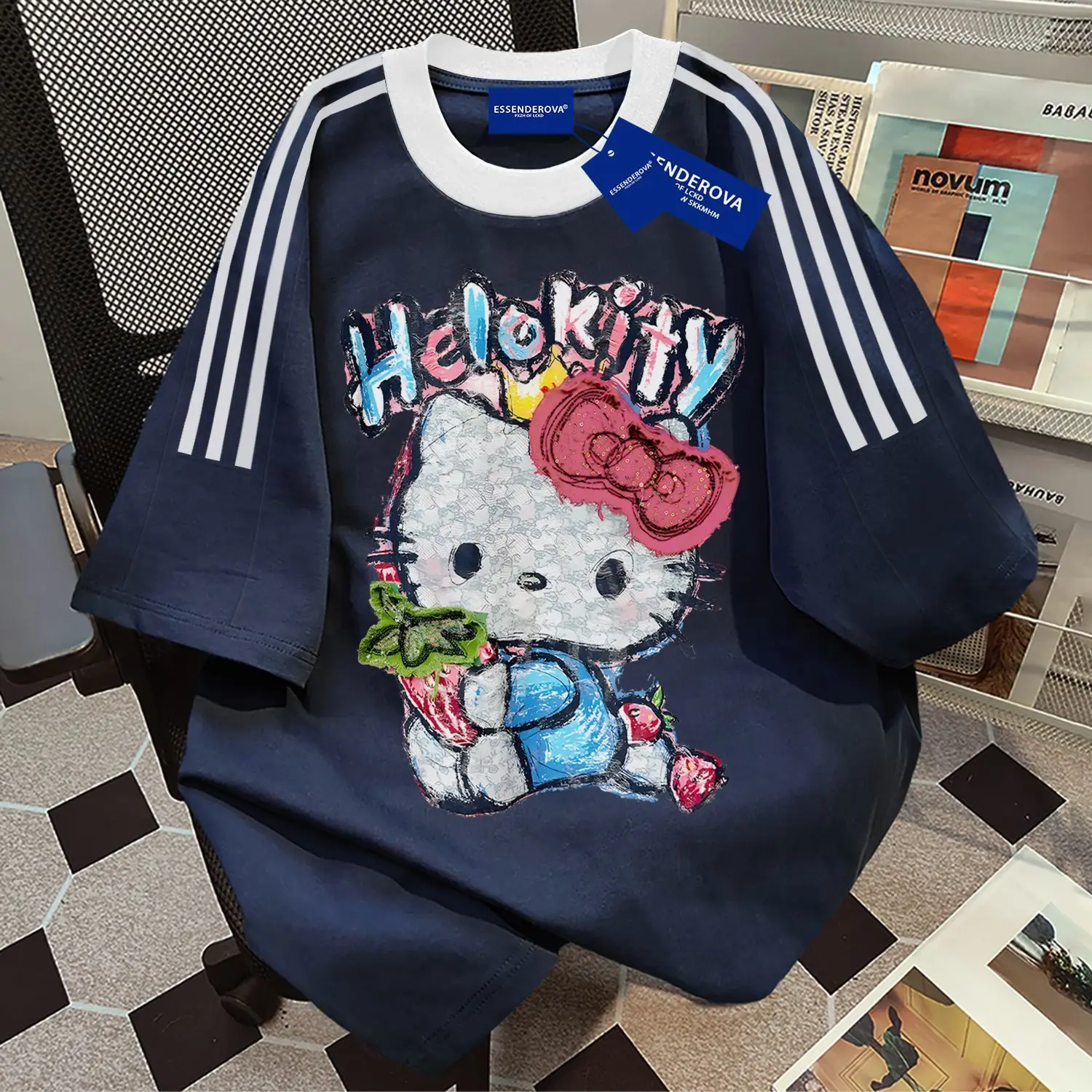 

100% Pure Cotton American Cute Round Neck Short Sleeved T-shirt for Men and Women Summer Loose Hello Kitty Top