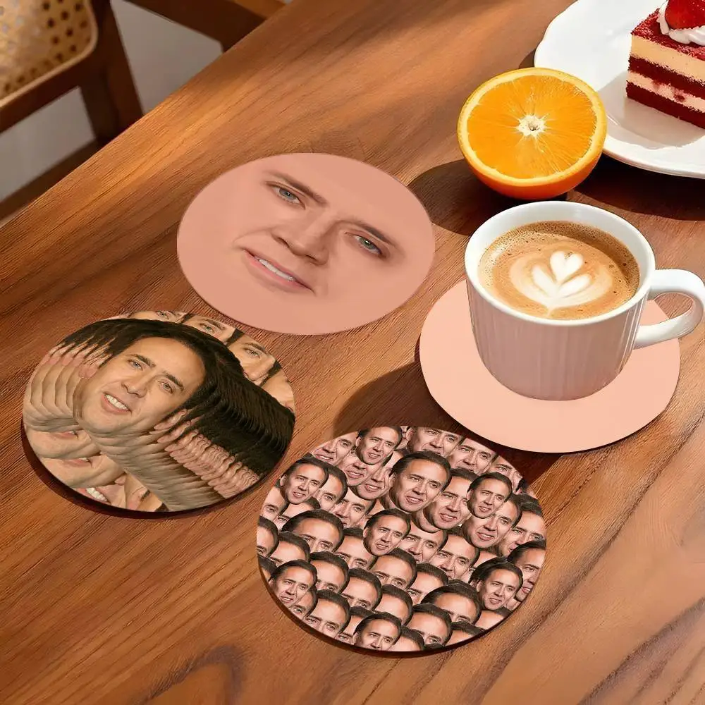 Nicolas Cage Face Coasters 10cm Round Wooden Suitable For Drinks Tea Coffee Home Gift Choice Holidays