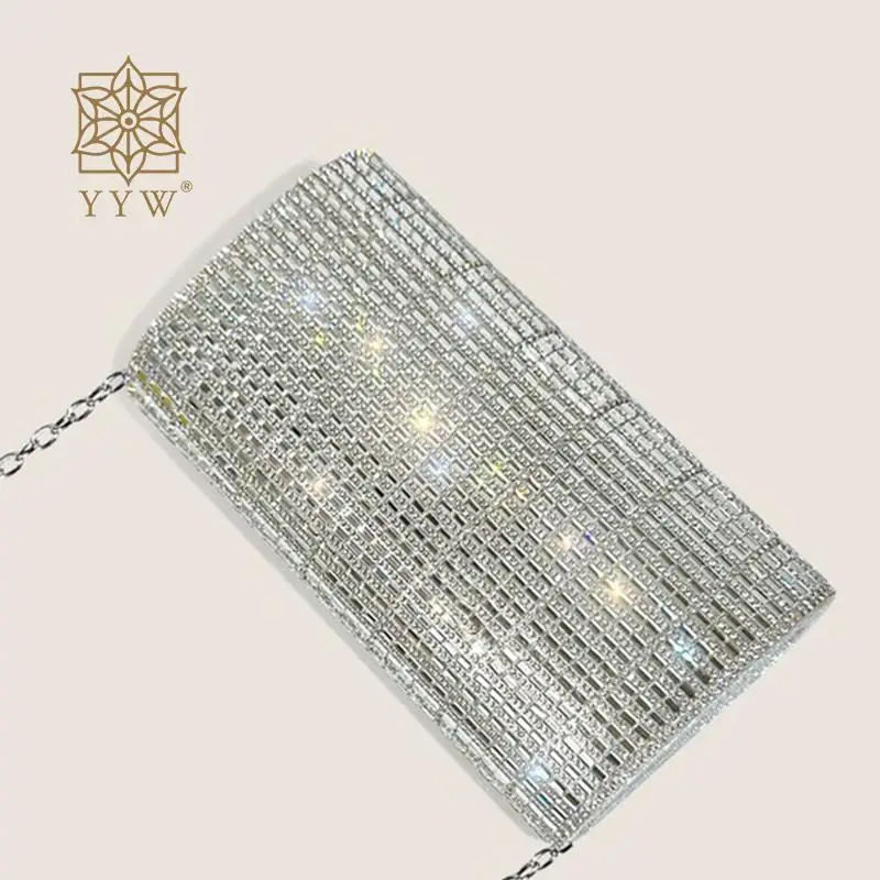 Silver Envelope Clutch Handbag Glitter Rhinestone Brides Wedding Messenger Purse Shoulder Chain Lady Cocktail Party Diamond Bags