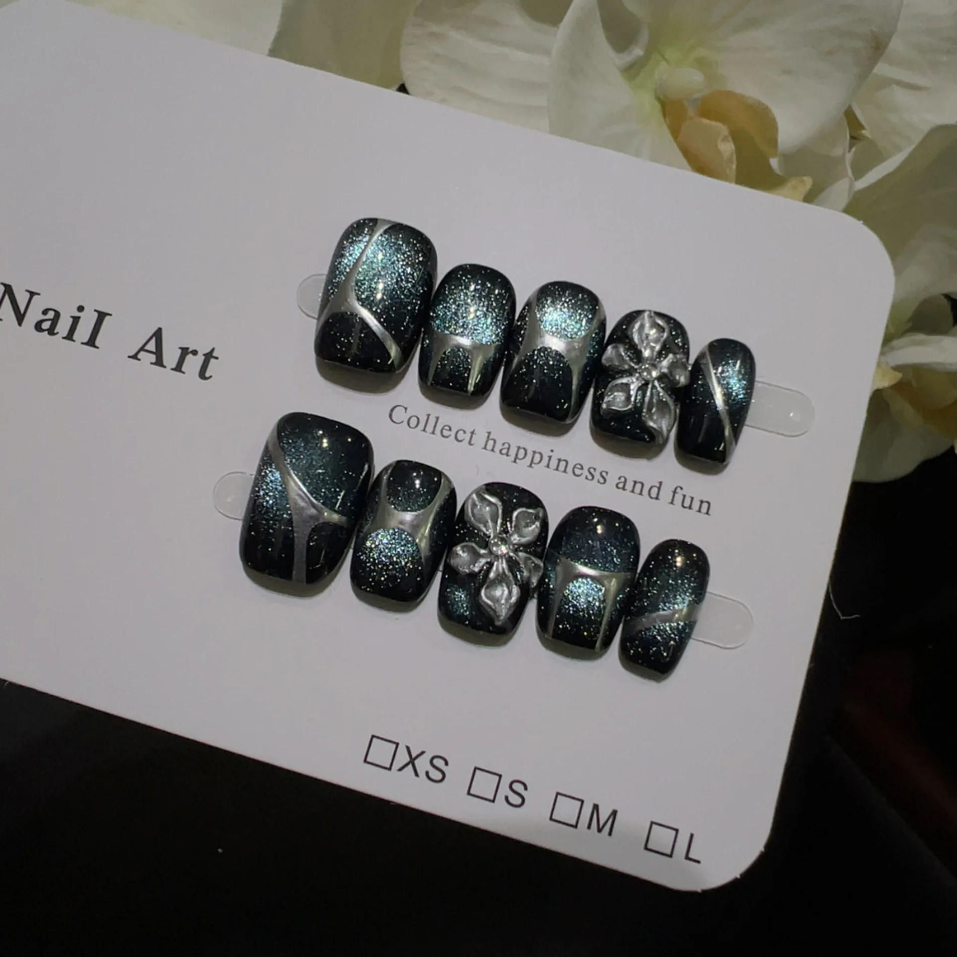 

10PCS Dark Blue Cat Eye Short Square Fake Nails 3D Carved Flowers Metallic Silver Lines French Handmade Press on Nails Wearable