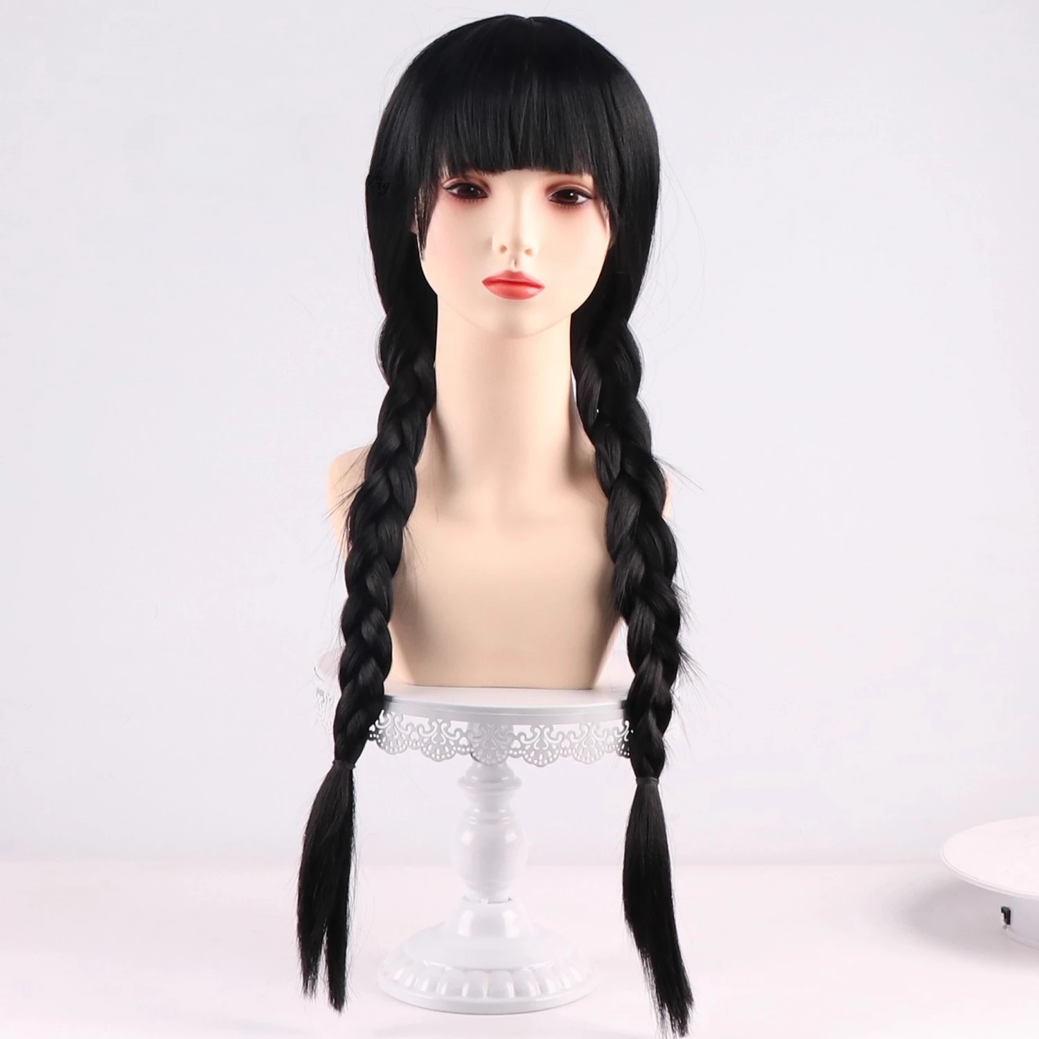 Addams Cosplay Wig Black Straight Bangs Long Braided Pigtails Hair