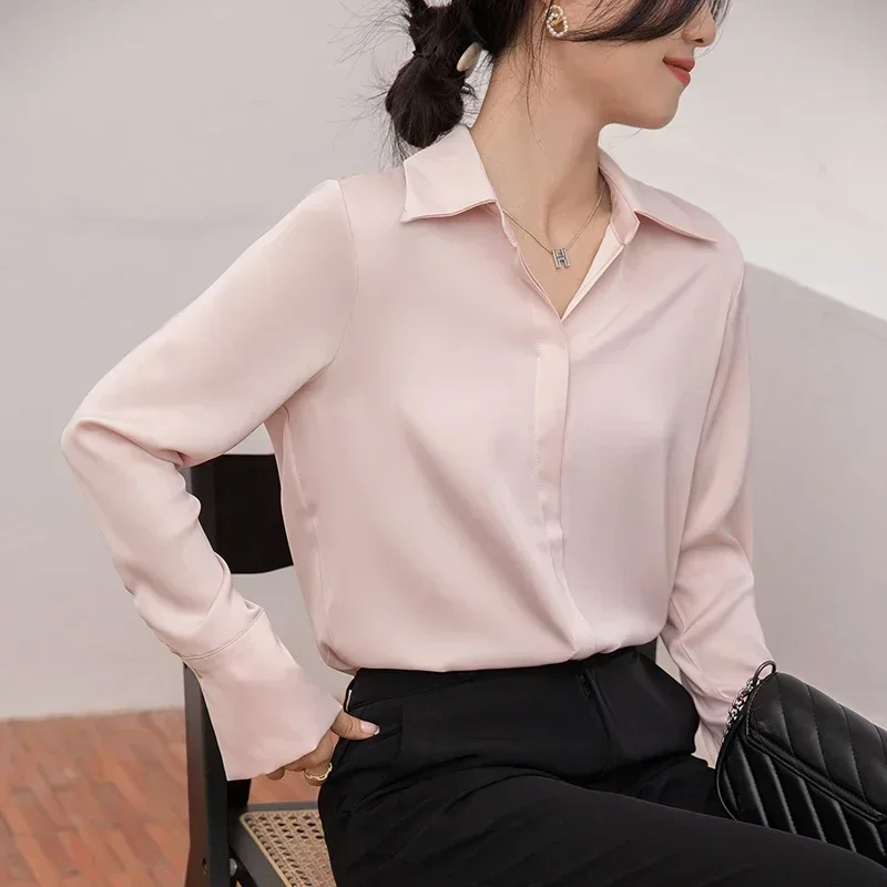 

Fashion Simple Satin Shirts for Women Casual Loose Women's Blouses Turn Down Collar Button Up Elegant Casual Tops Blusas 29976