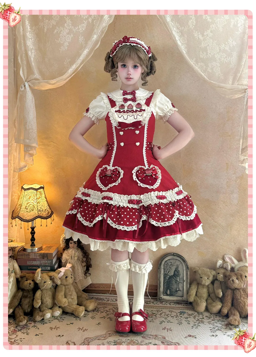 Cream Berry Party - Vestido JSK Sweet Lolita, Estampado de Lunares de Fresa por Sweet Dream Sheep PRE-ORDEN / 120 días