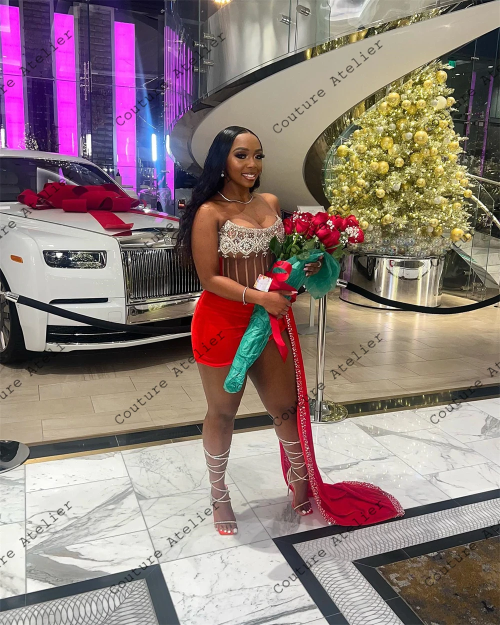 Red Velvet Christmas Day Prom Dresses For Black Girls 2024 Birthday Luxury Party Dress With Beaded Train Mermaid Gala Customized image 5