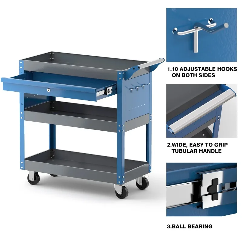 

3 Tier Rolling Tool Cart on Wheels,Metal Heavy Duty Mechanic Cart with Drawers and Pegboard,Industrial Utility Cart