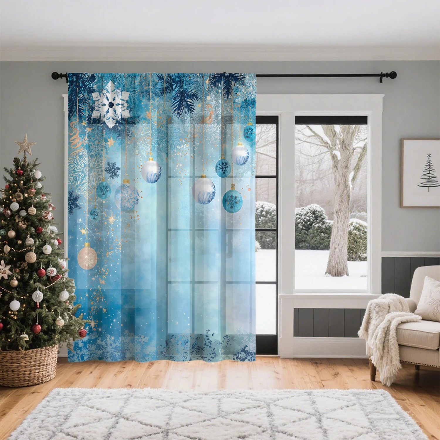 1 Piece Christmas Door Curtain - Blue-Toned Christmas-Themed Printed Polyester Rod Pocket Curtain, Suitable for Living Room, Bedroom, Home and Office, Machine Washable Holiday Decoration, New Year Party Winter Decor, Durable Material with Single-Layer Fabric, Holiday Design, Gift Choice