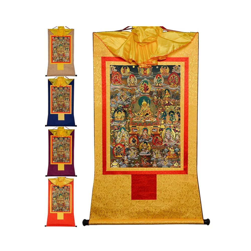 

Gandhanra Bronzing Printed Thangka Art - Guru-saint Padmasambhava and 5 Jambhalas Thangka,Hand Framed Tibetan Buddhist Thangka