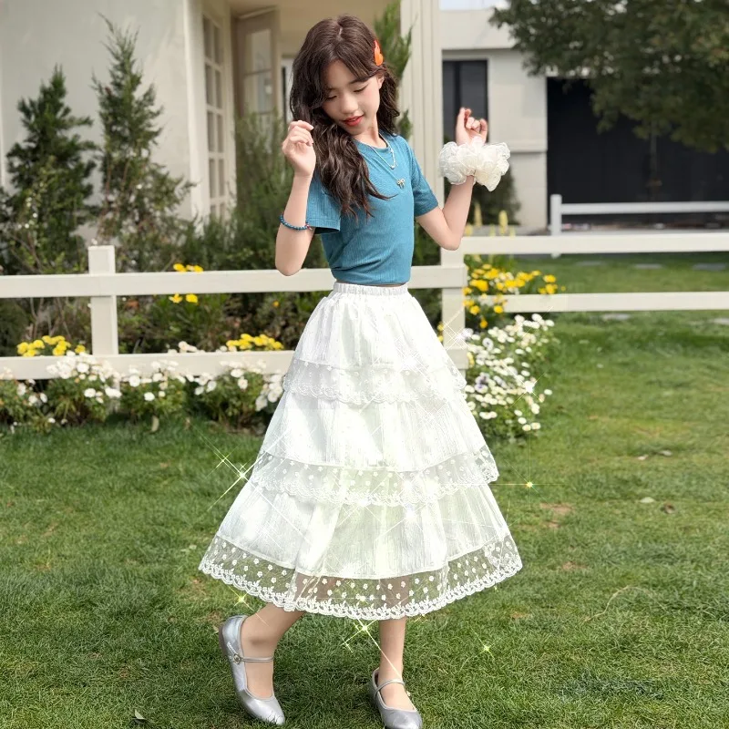 Girls Skirt Summer White Lace Tiered Skirt Elastic Waist A Line Flower Embroidery Children Clothes 2026 Mori Style Sweet Cute