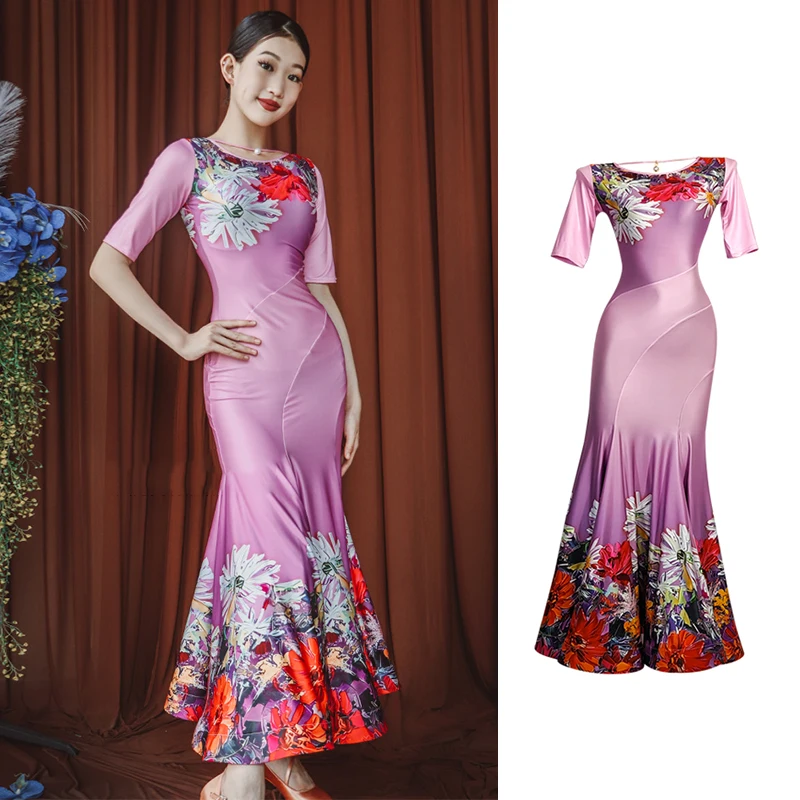 

2023 Women Elegant Ballroom Dance Dress Printing Waltz Dancing Stage Costume Prom Tango Dance Dresses Practice Clothes VDB7516