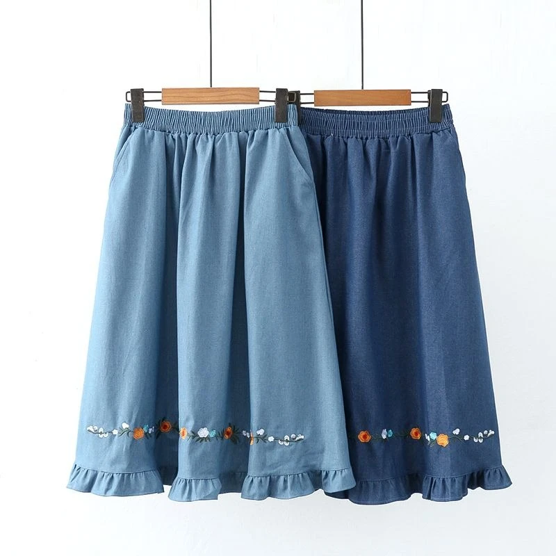 Summer 2026 Elastic Waisted A-Shaped Midi Skirt Loose Embroidery Blue Soft Denim Versatile Leisure Simple Women's Skirt