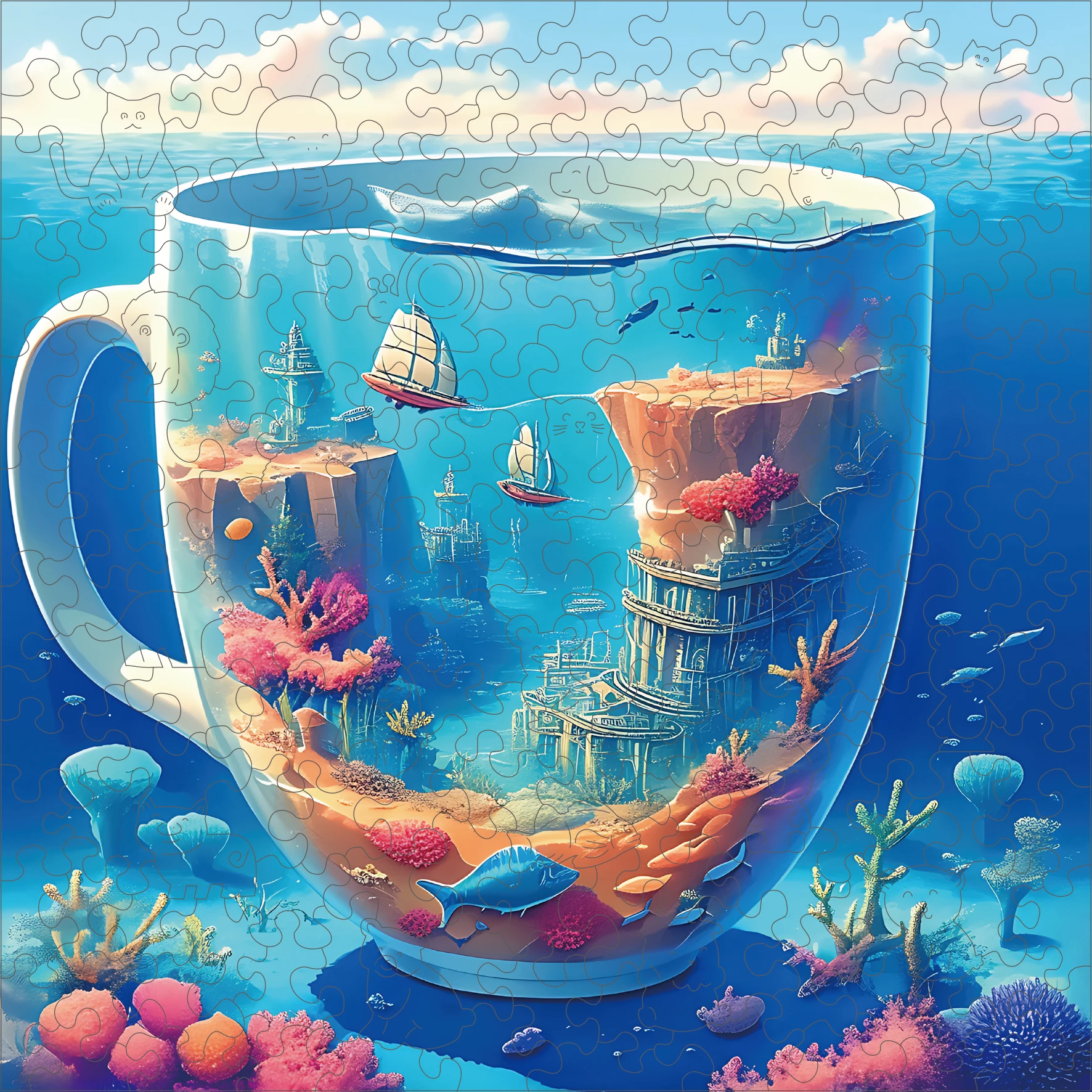 

Деревянный пазл для взрослых - Подводный мир в чашке Пазл, Деревянные пазлы уникальной формы, Современный художественный домашний декор