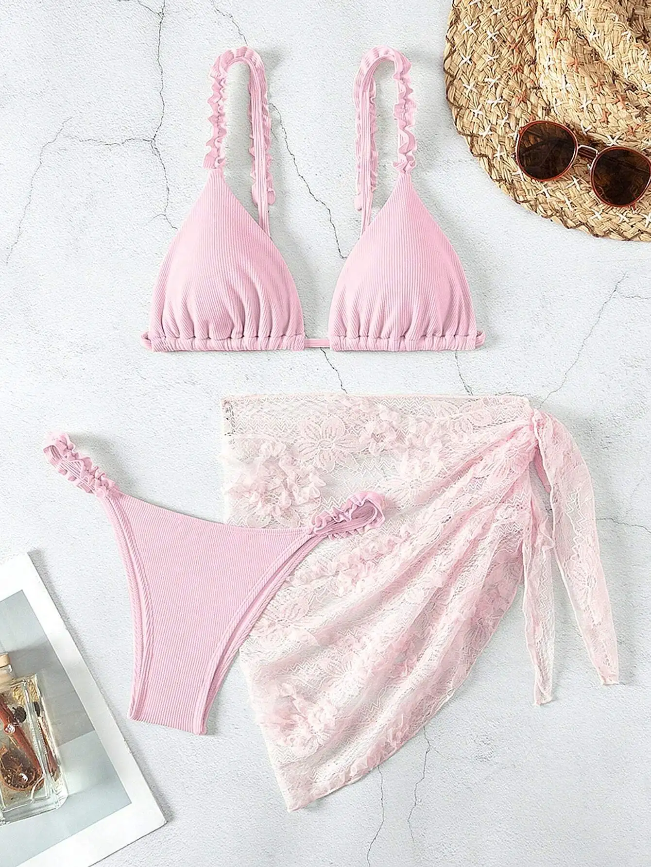 

Womens Solid Pink Frilled Triangle Bikini Set With Lace Cover Up