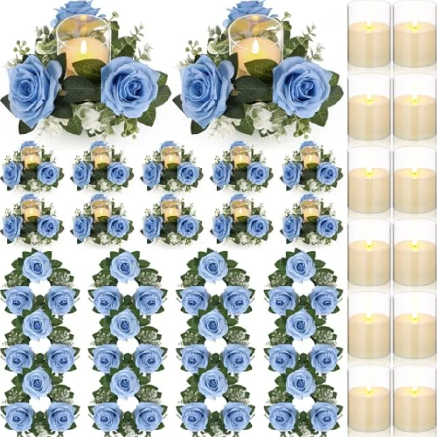 

12 Pcs Rose Candle Rings with Flameless Candles Sets, Artificial Flower Eucalyptus Wedding Centerpiece 3 Inch Pillar Candlehold