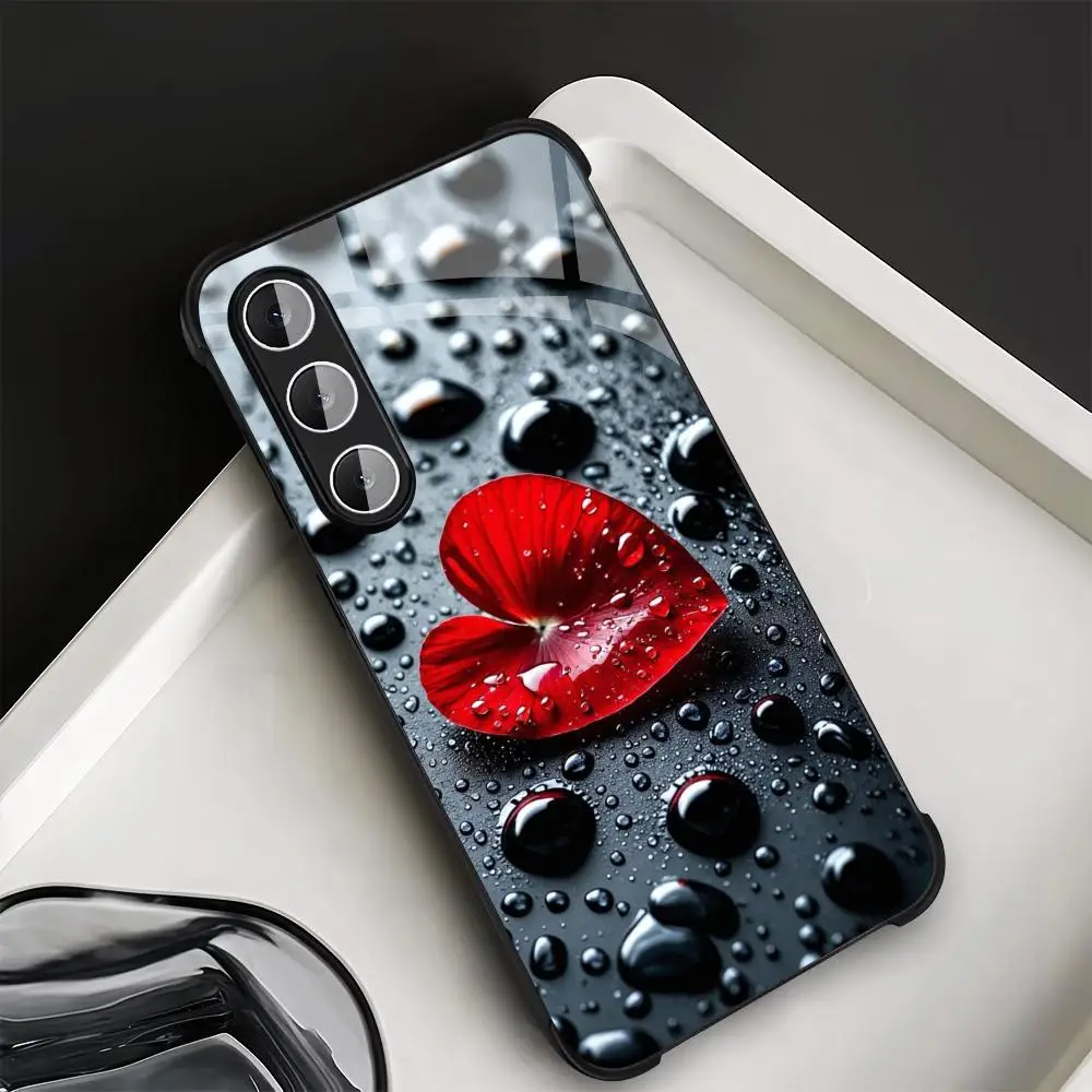 Love Raindrop Black Four Corner Anti Drop Glass Phone Case Suitable for Samsung Galaxy S26 S25 S24 S22 S21 S20 FE/Ultra/Plus
