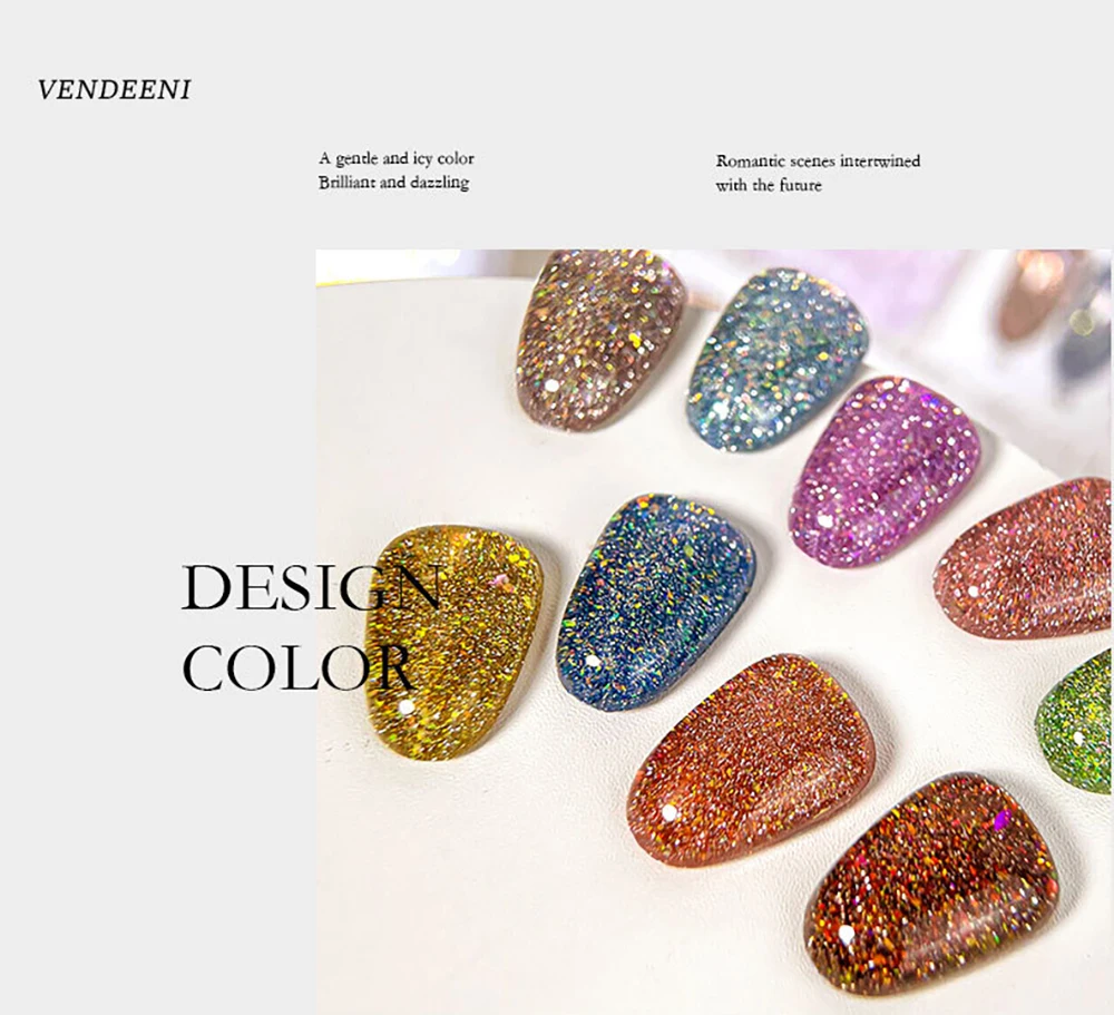 Vendeeni 9 Farben/Set Regenbogen Glitzer Gebrochener Diamant Gel Nagellack UV LED Aushärtbarer Gel-Lack Flash Nail Art Gel mit Display – Detail 3