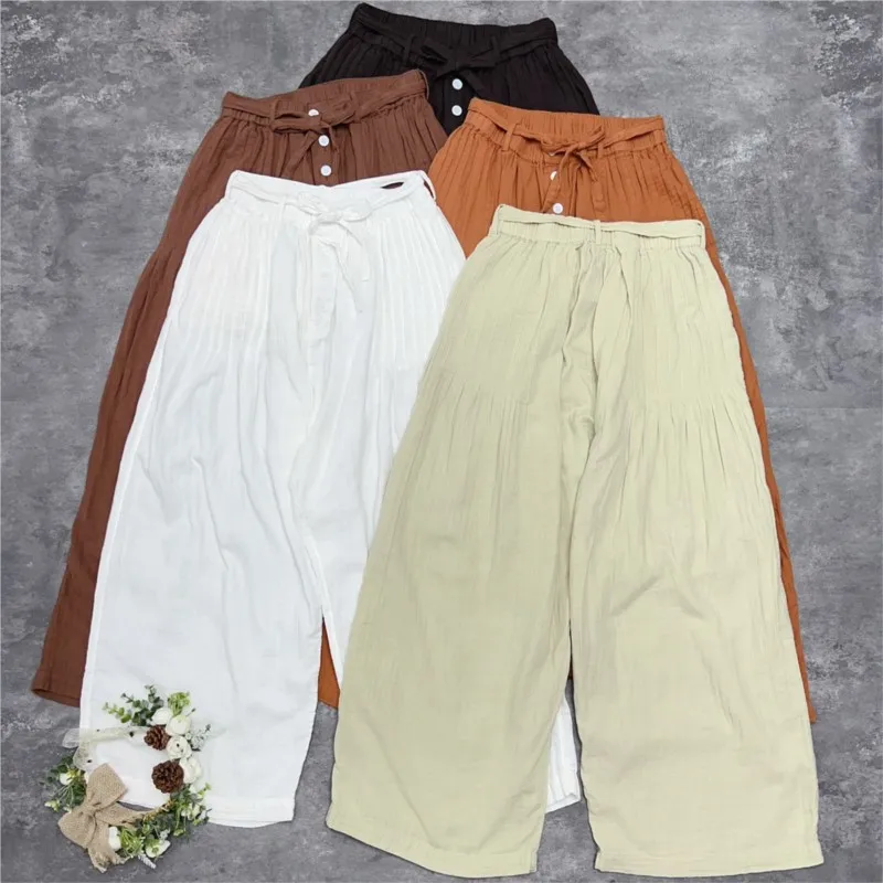 Johnature Japanese Double-layer Pleated Wide-leg Pants Summer Simple Loose Versatile High-waisted Casual Women Pants 2024 New