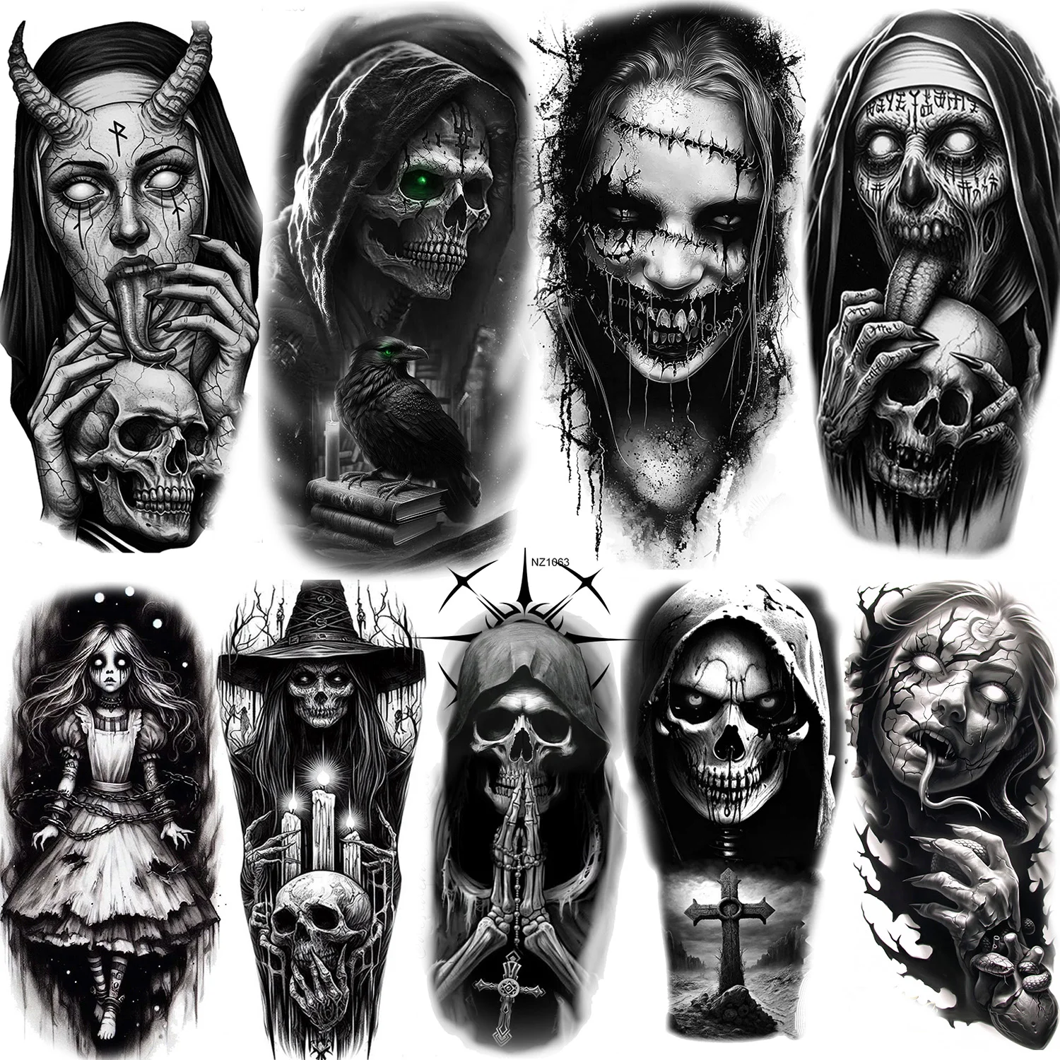 

1 Sheet Scary Zombie Witch Skull Temporary Tattoos Halloween Horrible Vampire Tatoos Waterproof Realistic Fake Tattoos Sticker