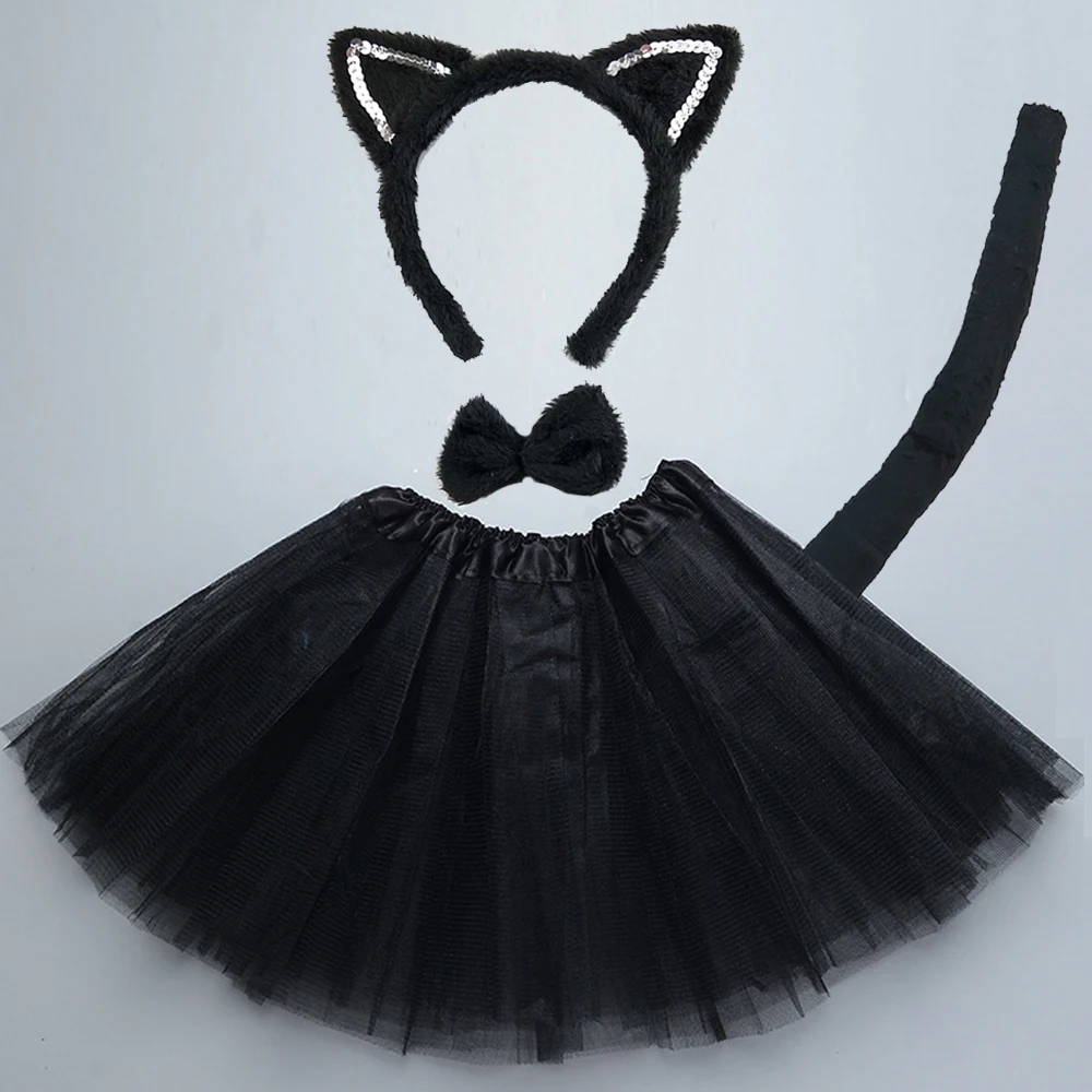 Adult Kids Party Black White Pink Cat Ear Headband Tail Tie Skirt Tutu Animal   Plush  Halloween Costume Cosplay