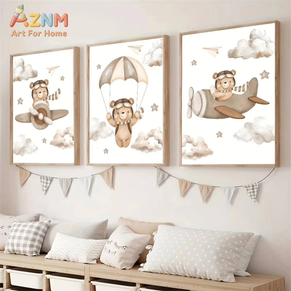 AZNM Cartoon Animal Themed Canvas Print Poster Bears Parachute Clouds Abstract Art Print Bedroom Wall Art Home Decor