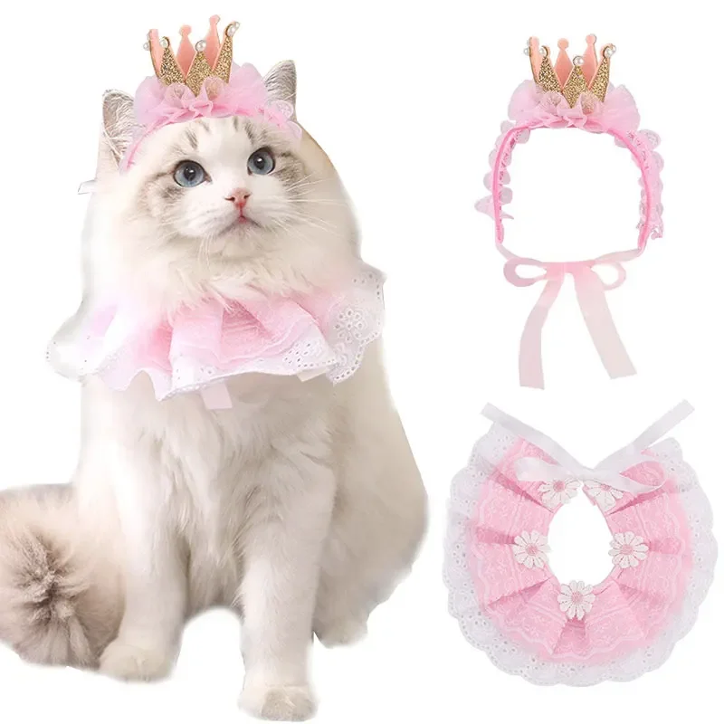 

1Set Pet Crown Lace Combination Cat Costumes Birthday Collar Pet Scarf Birthday Party Dress Dog Bandanas Cat Crown Accessories