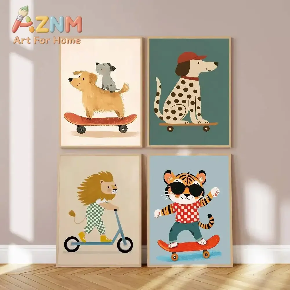 AZNM Cute Skateboard Animal Canvas Wall Art, Cartoon Tiger Dog Lion Riding Scooter Print, Boho Kids Playroom Nursery Poster, Unf