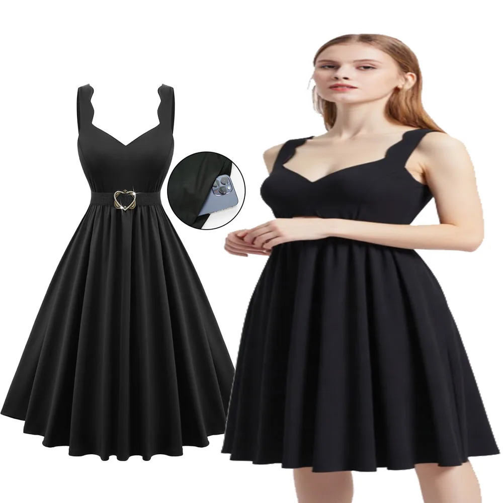 ROSEGAL Plus Size Effen Zwarte A-lijn Jurk met Zakken En Afneembare Riem Vrouwen 2026 Nieuwe Midi Jurk Vestidos