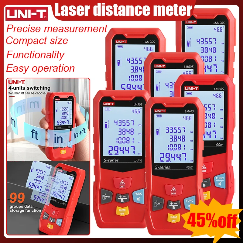 

UNI-T Laser Distance Meter Handheld Laser Rangefinder Digital Range Finder Tape Measure Range0.05–120m Optical Instruments