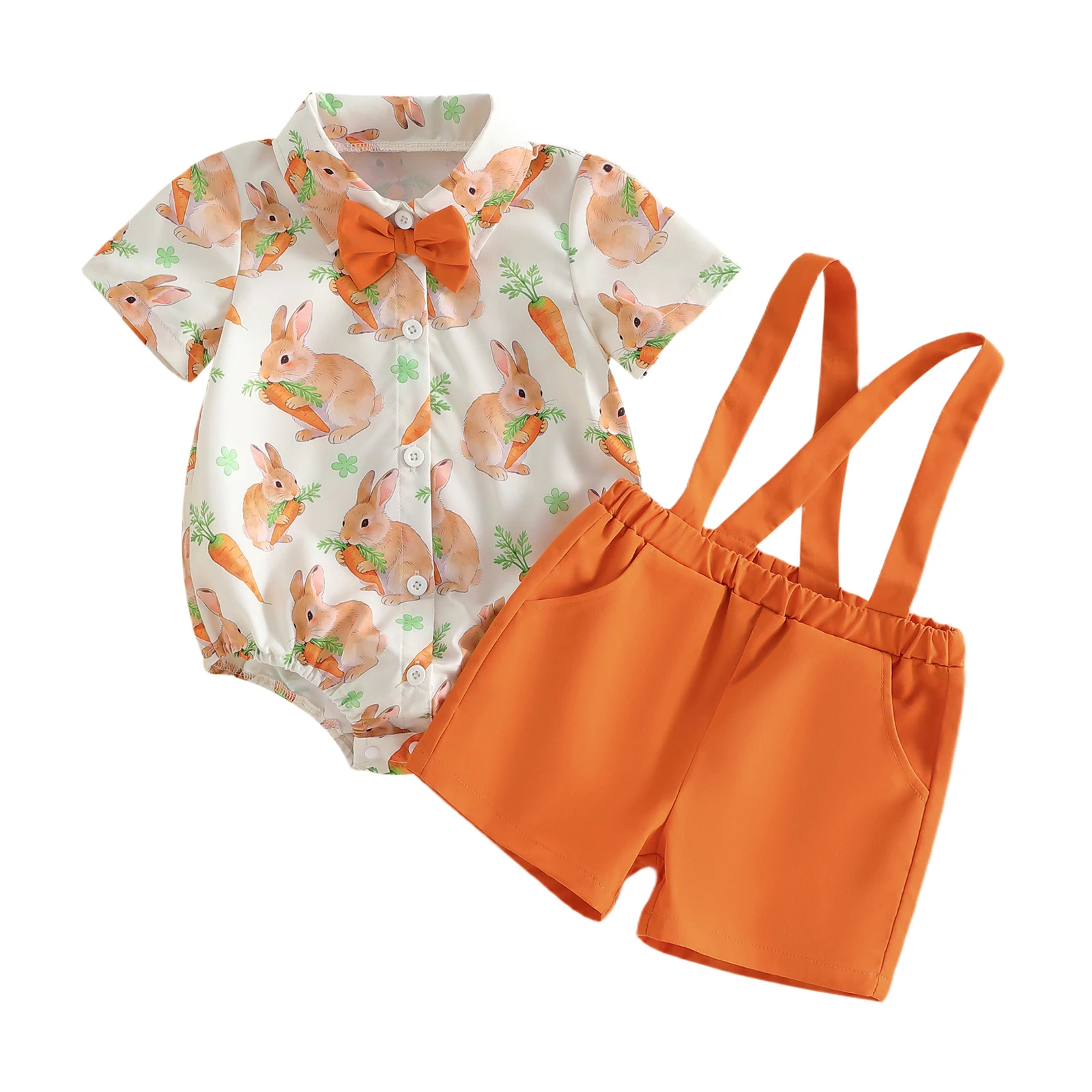 

Toddler Boy Easter Outfit Egg Bunny Print Short Sleeves Romper with Bow Tie and Overalls Shorts Set for Formal Wear