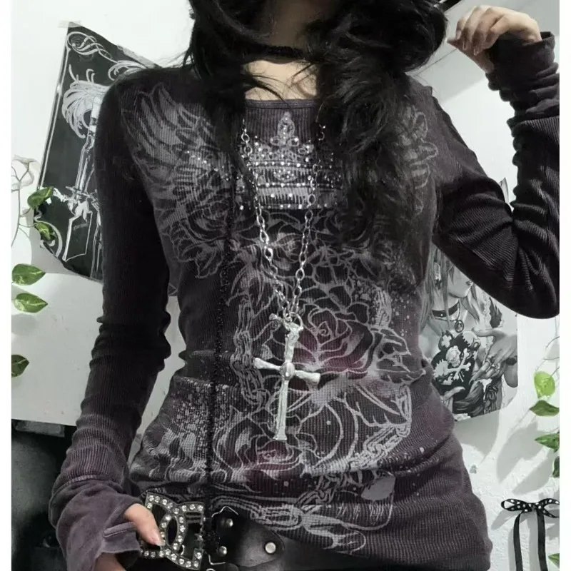 

American Y2K Harajuku Gothic Tshirts Retro Subculture Pattern Print T-shirt Dark Gothic Aesthetics Tees Vintage Hottie Punk Tops