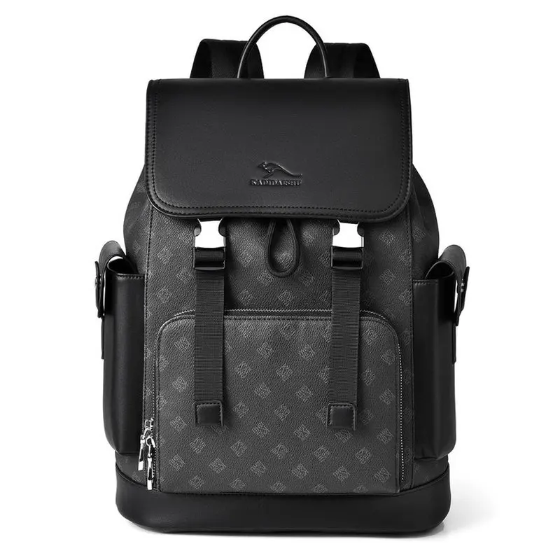 New luxury brand design men's printed PU leather backpack, high quality bag cover style business travel 15.6 inch laptop bag