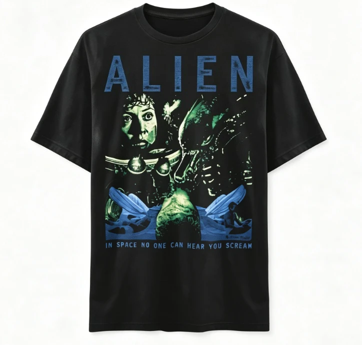 2026 Round-neck retro sci-fi creature human character poster pattern letters suitable for both men women short-sleeved T-shirt