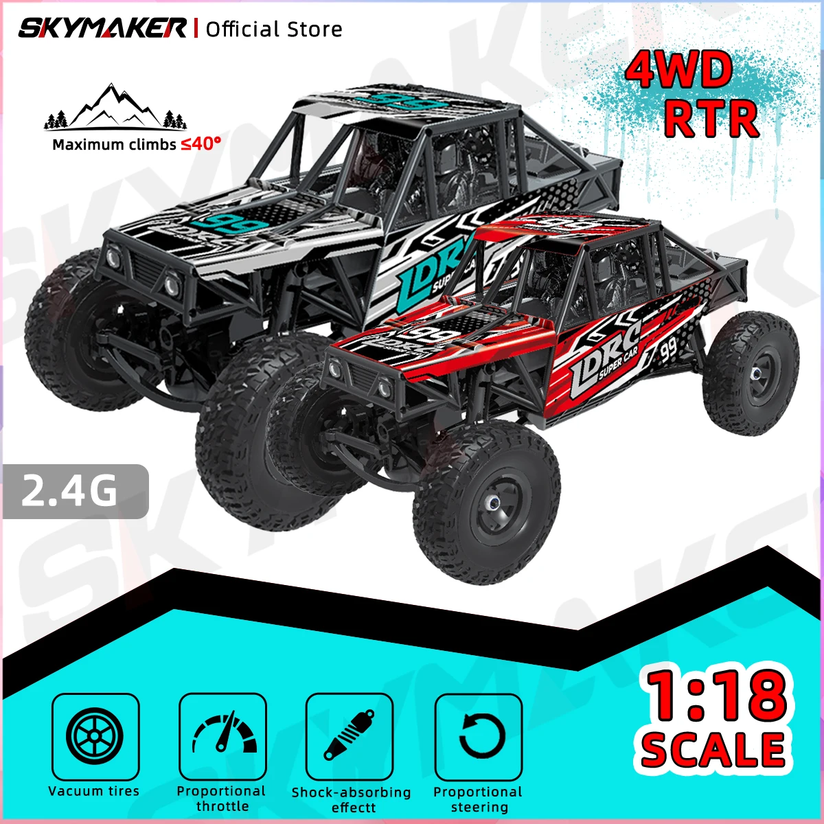 LDRC LD18499 RC Car 1/18 Full Scale 2.4G 4WD Remote Control Car with LED Headlight Climbing Vehicle Car Model Toys for Boy Gifts