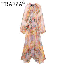 TRAFZA Dresses for Women 2024 Summer Dress Woman Midi Printed Long Sleeved Midi Casual and Elegant Dress Party Dresses