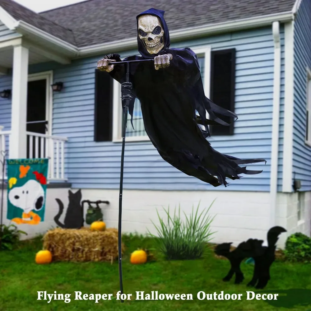 Decorações de esqueleto de Halloween ao ar livre: Reaper de crânio voador de 7,8 pés de altura com fantasma e espantalho para jardim e varanda