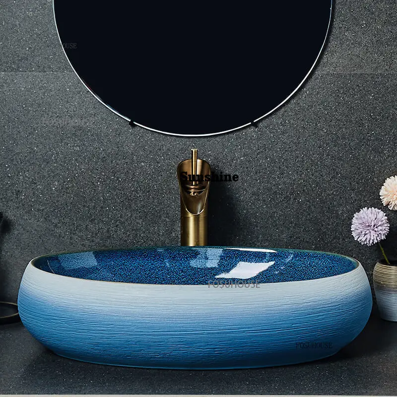 

Oval On The Stage Washbasin Nordic Style Ceramic Basin For Bathroom Furniture Modern Household Single Art Basin The Toilet Sink