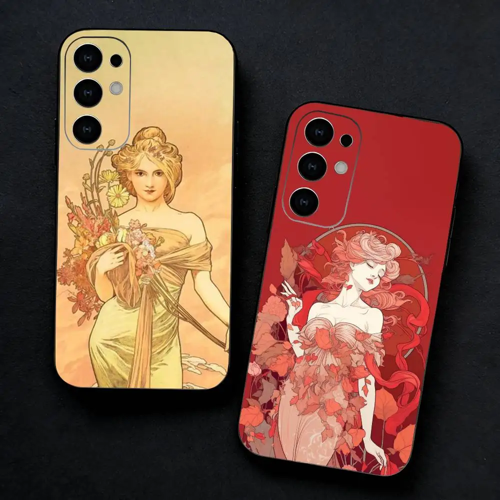 Alphonse Mucha Painted Phone Case For Samsung S25,S24,S23,S22,S21,S20,Plus,Fe,Lite,Others Black Cover