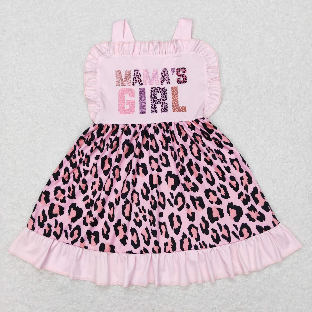 

Wholesale Mama's Girl Leopard Dress Children Toddler One Piece Knee Length Ruffle Clothes