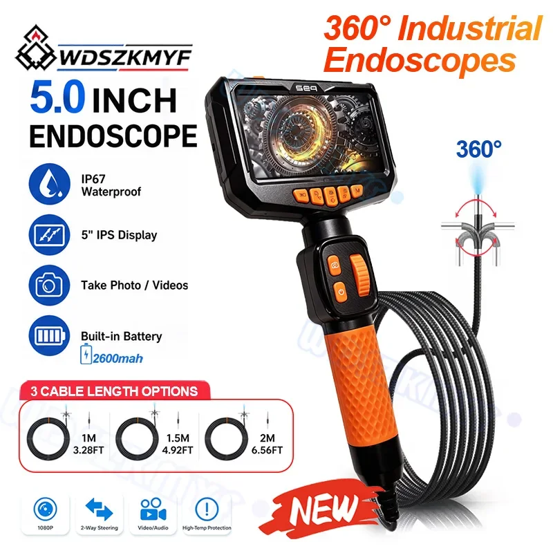 360° Rotatable Lens 5 Inch Portable Industrial Endoscope 6mm 1080P IP67 Waterproof LED Borescope For Car Engine Pipeline Check